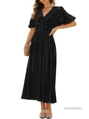 Velvet Maxi Dress V-Neck Long Sleeve Formal Wedding Guest Cocktail Dress